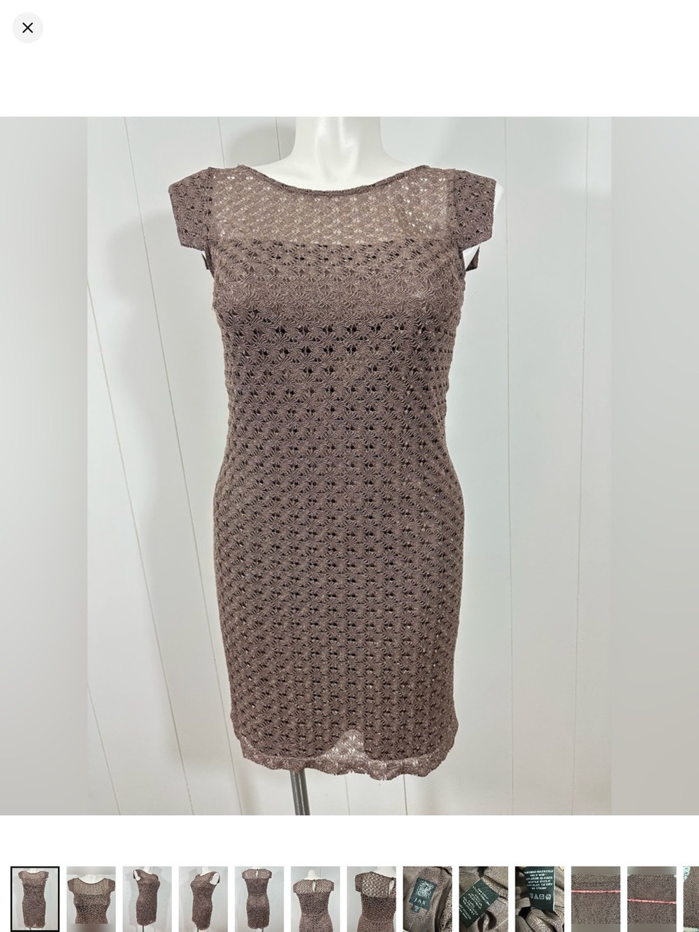 JAX Cap-Sleeve Crochet Sheath Dress in Taupe with gold overlay